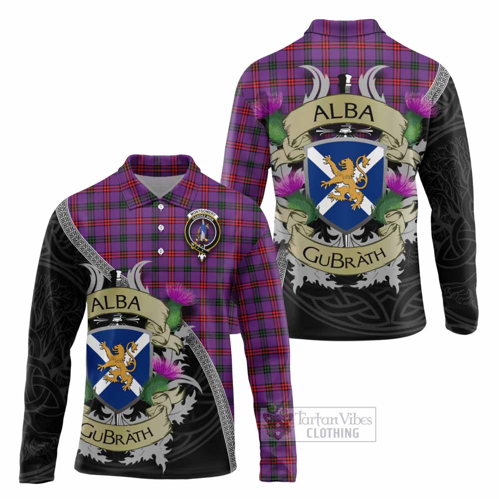 Tartan Vibes Clothing Montgomery Tartan Family Crest Long Sleeve Polo Shirt Lion Rampant Royal Thistle Shield Celtic Inspired