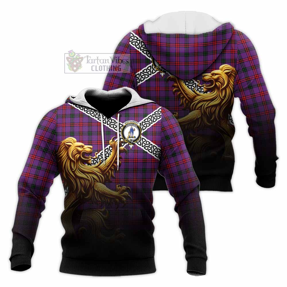 Tartan Vibes Clothing Montgomery Crest Tartan Knitted Hoodie with Golden Lion Emblem Celtic Style
