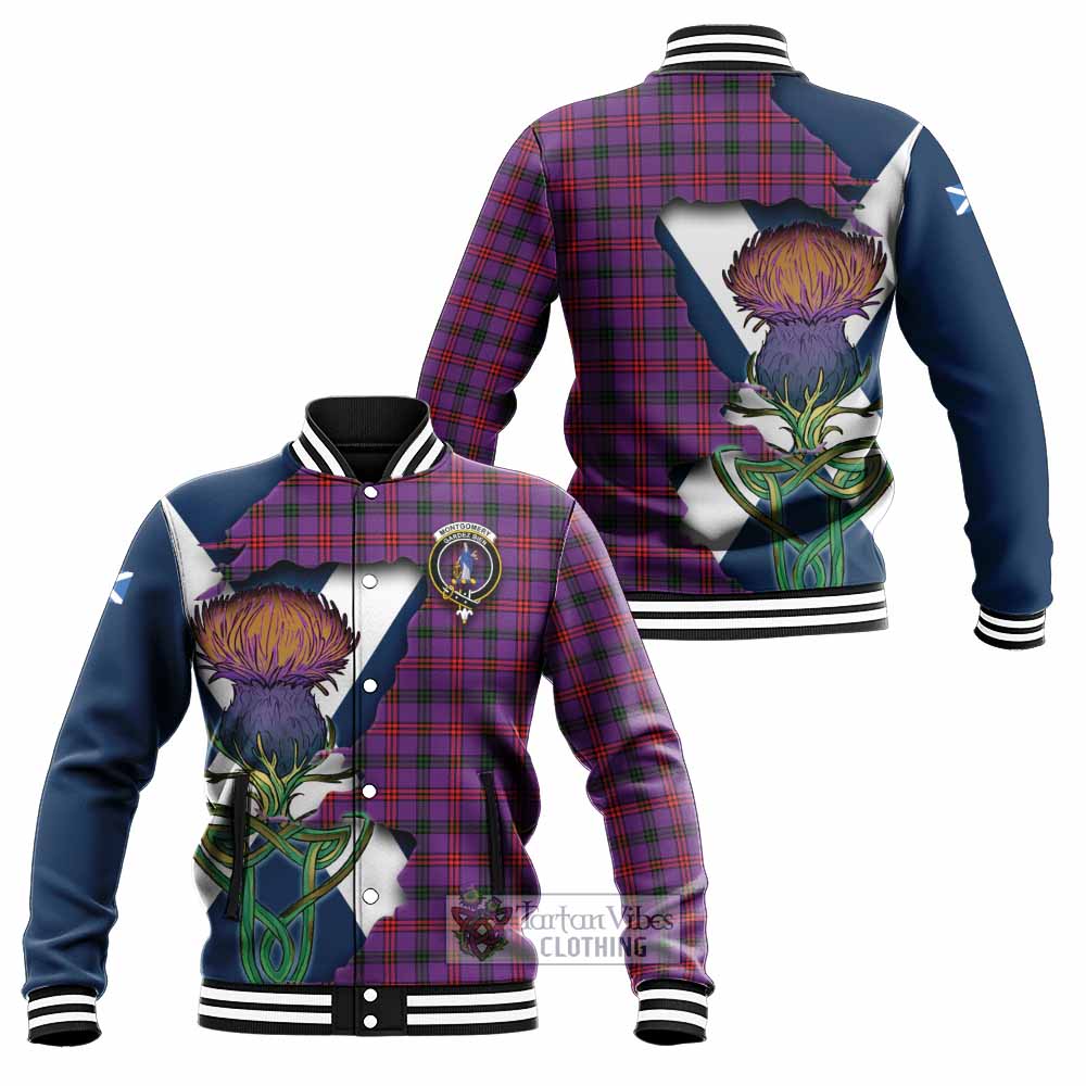 Tartan Vibes Clothing Montgomery Tartan Family Crest Baseball Jacket Scottish Thistle Celtic Inspired