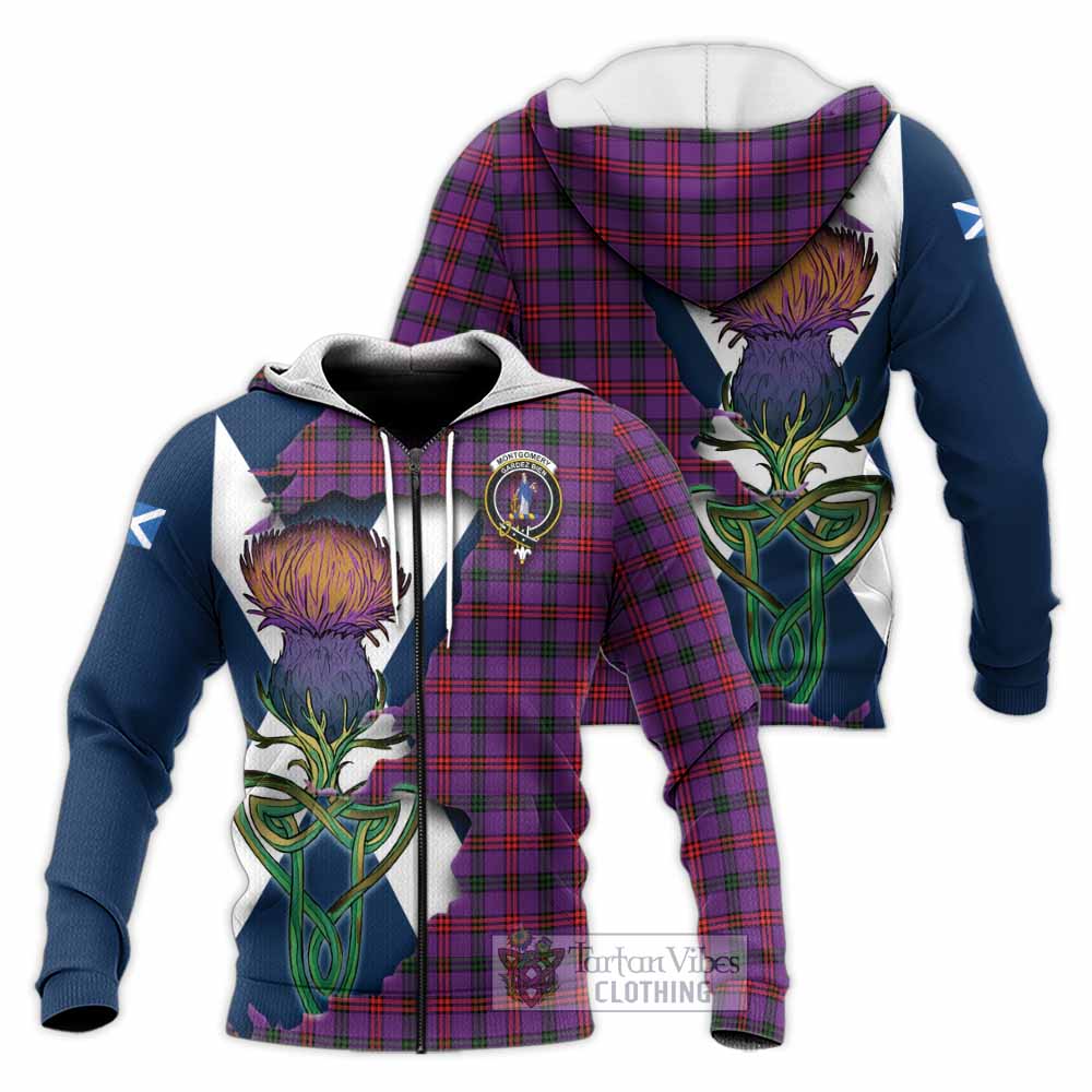 Tartan Vibes Clothing Montgomery Tartan Family Crest Knitted Hoodie Scottish Thistle Celtic Inspired