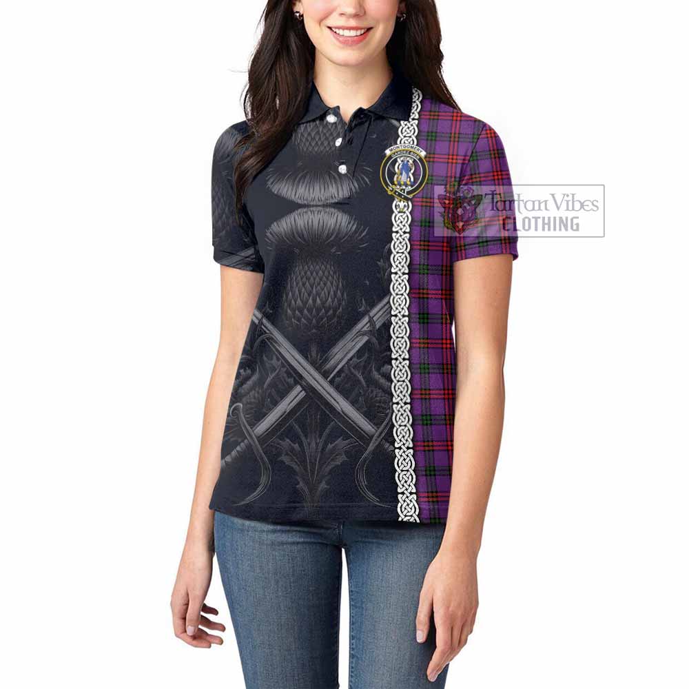 Tartan Vibes Clothing Montgomery Tartan Women's Polo Shirt with Family Crest Cross Sword Thistle Celtic Vibes
