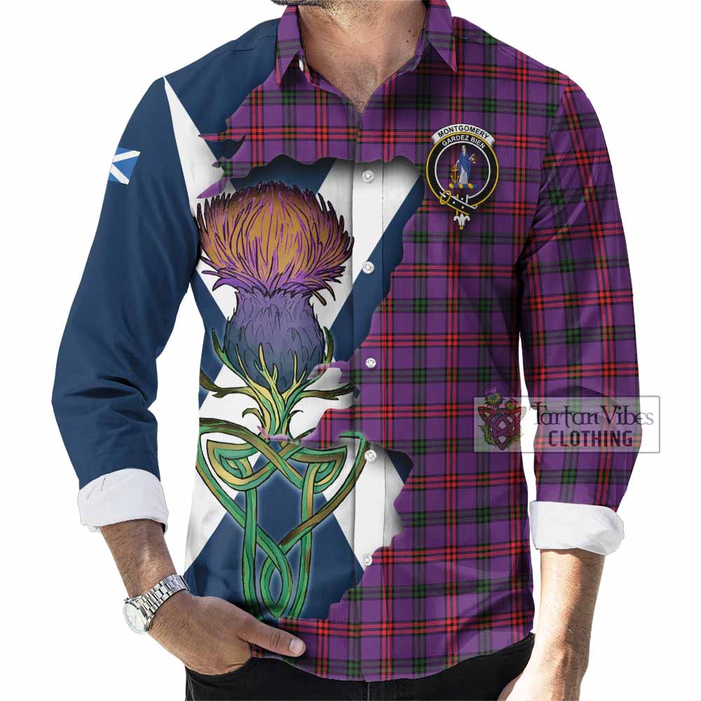Tartan Vibes Clothing Montgomery Tartan Family Crest Long Sleeve Button Shirt Scottish Thistle Celtic Inspired