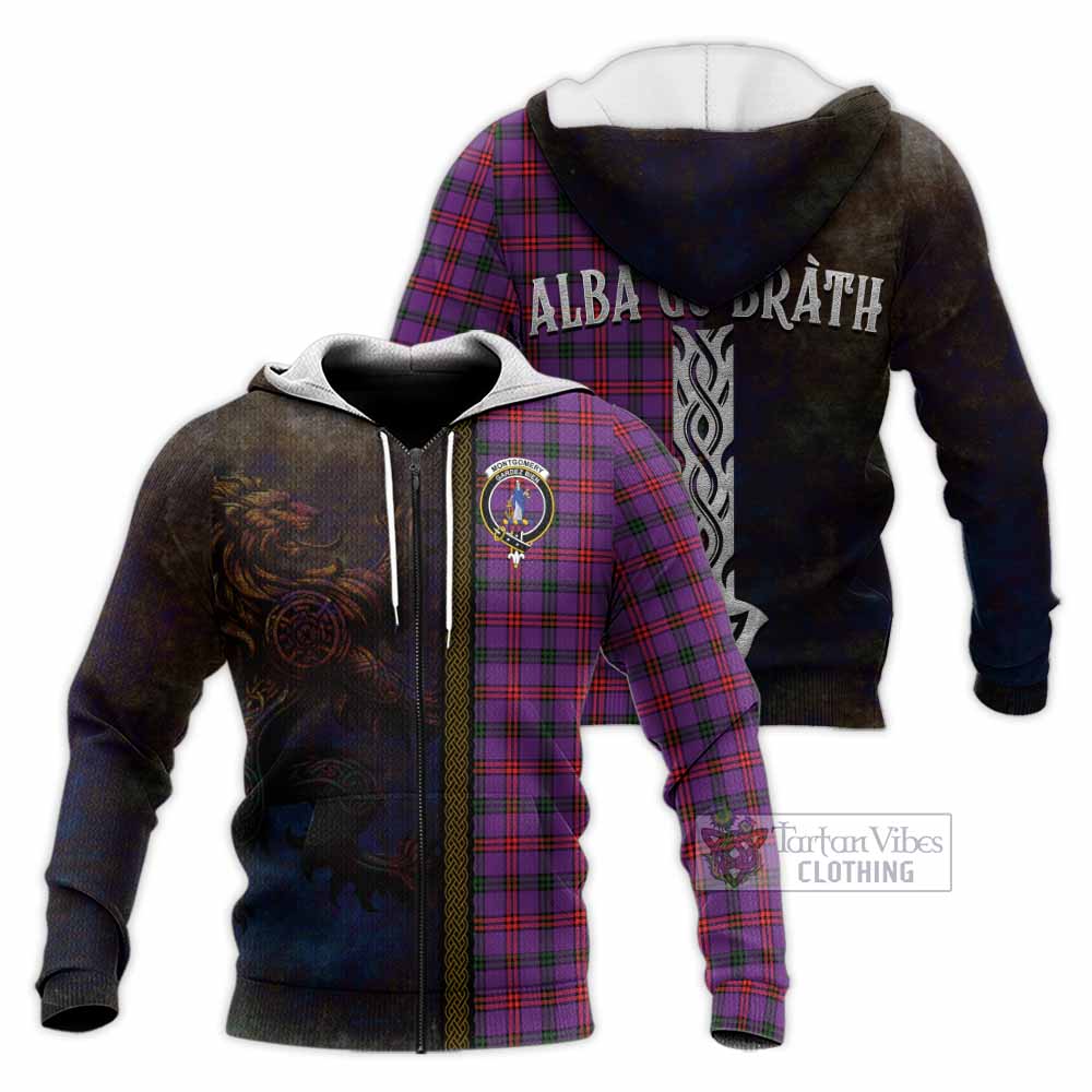 Tartan Vibes Clothing Montgomery Tartan Family Crest Knitted Hoodie Alba Gu Brath Be Brave Lion Ancient Style
