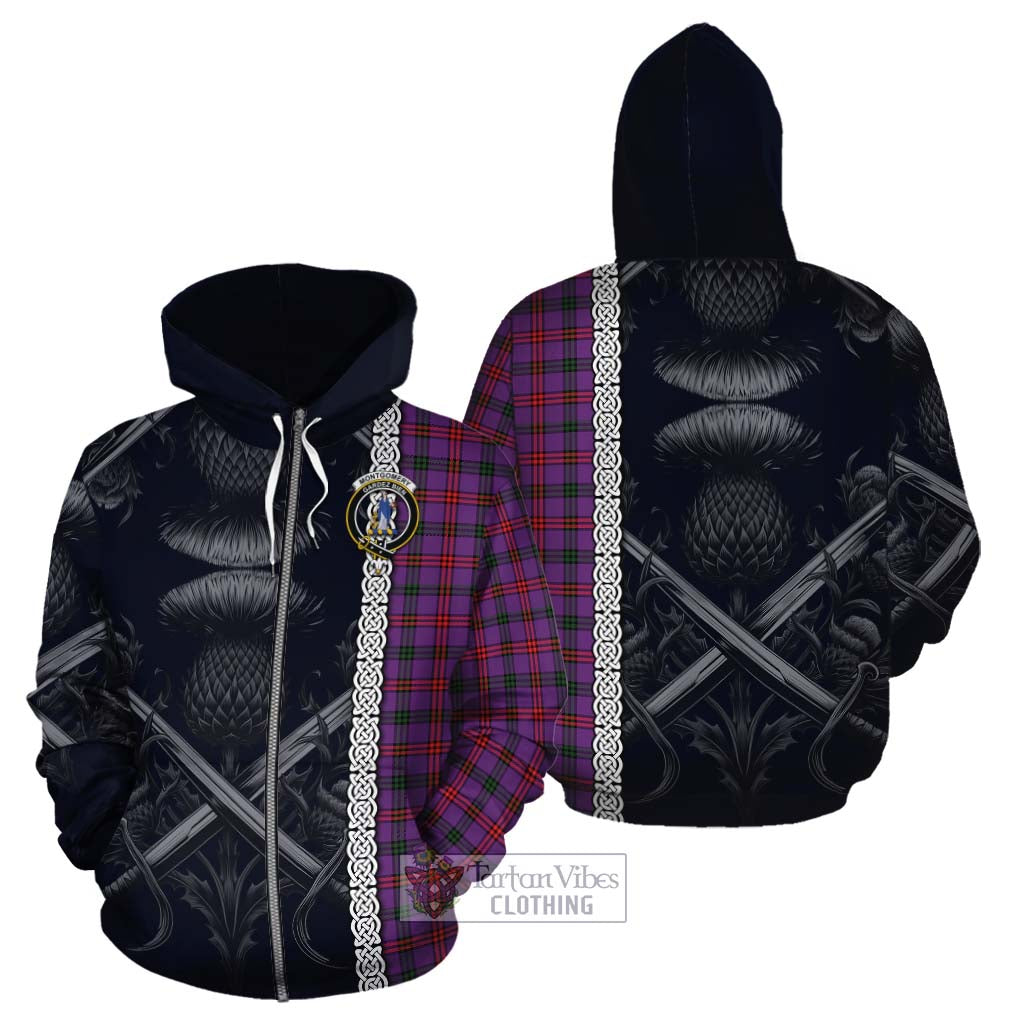 Tartan Vibes Clothing Montgomery Tartan Cotton Hoodie with Family Crest Cross Sword Thistle Celtic Vibes