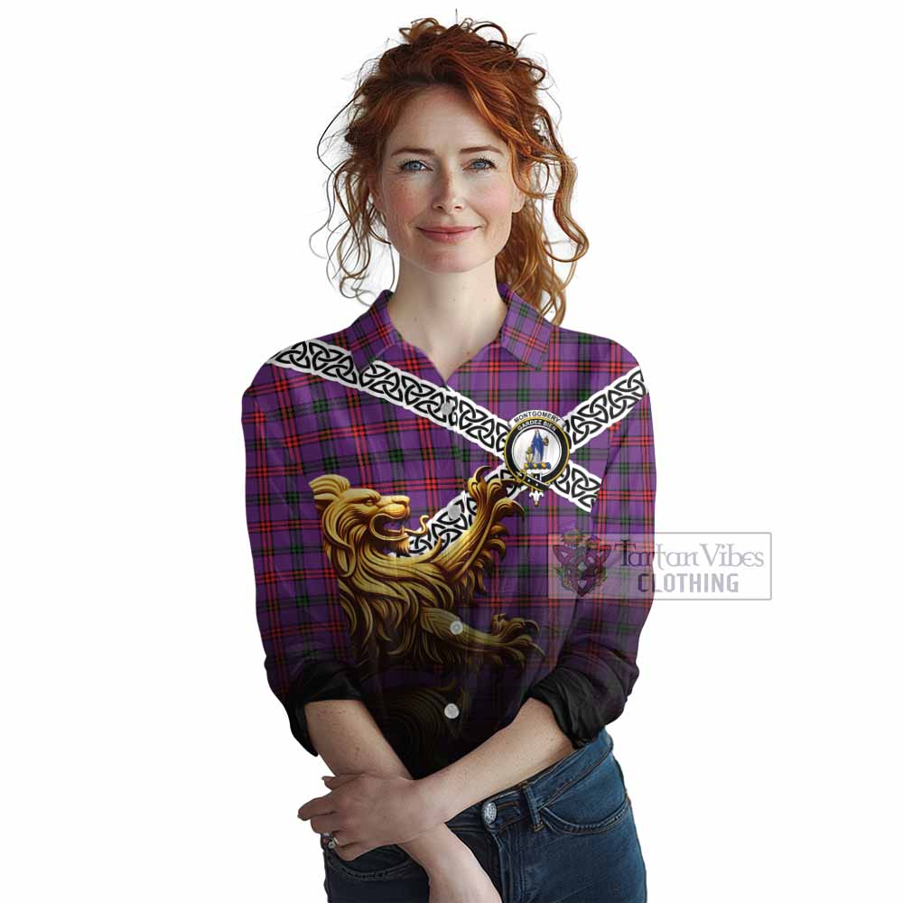 Tartan Vibes Clothing Montgomery Crest Tartan Women's Casual Shirt with Golden Lion Emblem Celtic Style