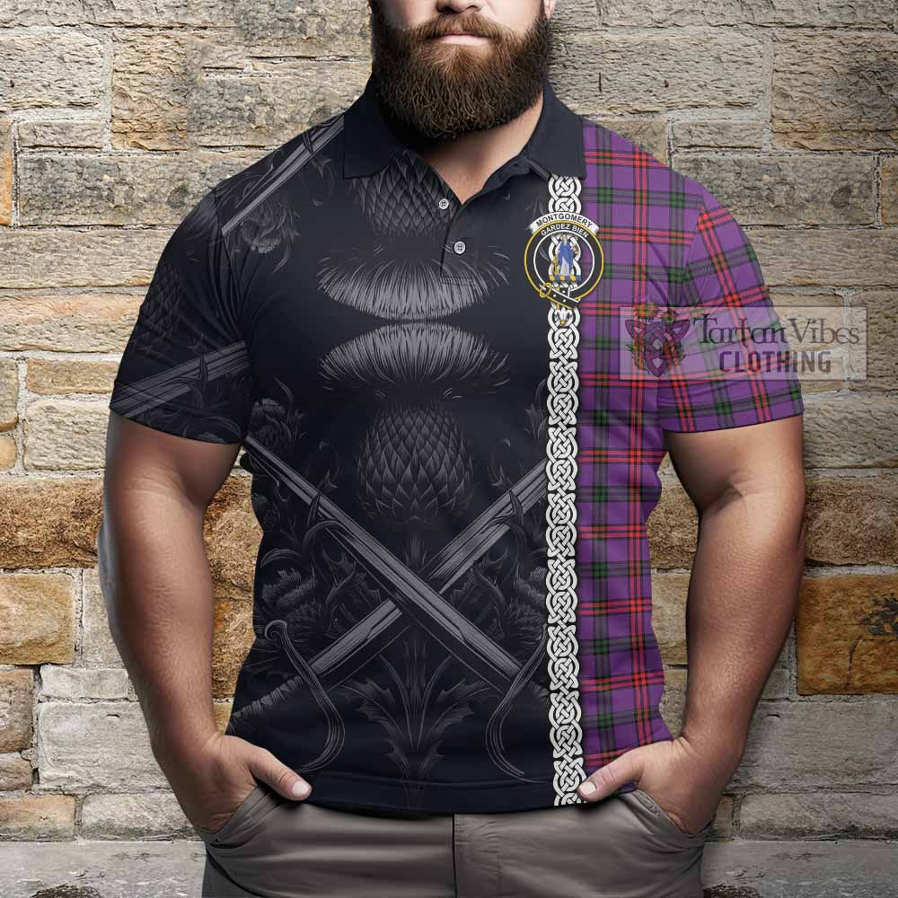 Tartan Vibes Clothing Montgomery Tartan Polo Shirt with Family Crest Cross Sword Thistle Celtic Vibes