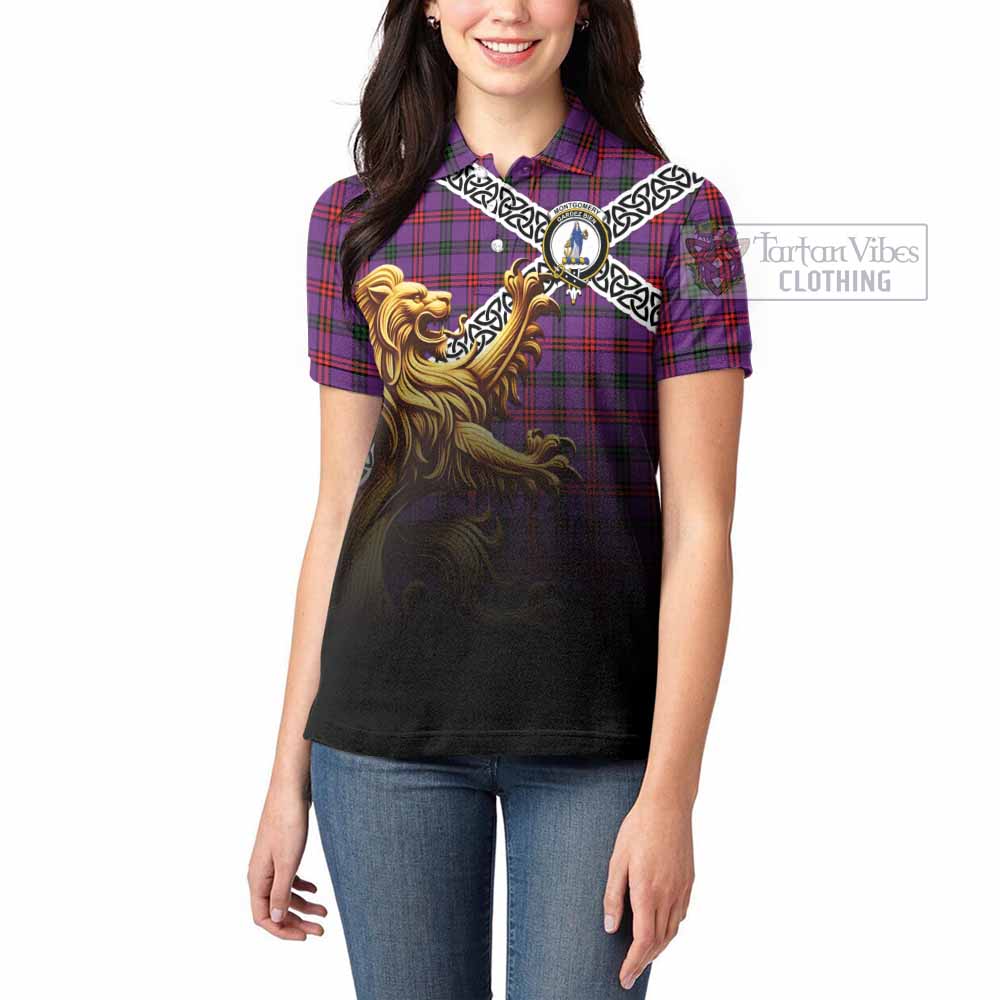 Tartan Vibes Clothing Montgomery Crest Tartan Women's Polo Shirt with Golden Lion Emblem Celtic Style
