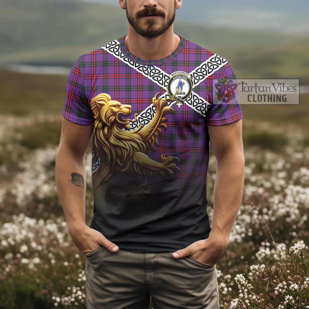 Tartan Vibes Clothing Montgomery Crest Tartan T-Shirt with Golden Lion Emblem Celtic Style