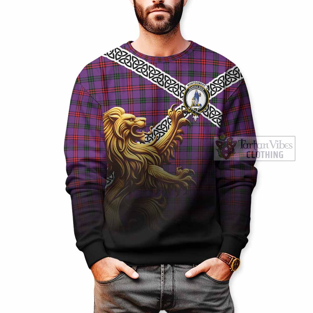 Tartan Vibes Clothing Montgomery Crest Tartan Sweatshirt with Golden Lion Emblem Celtic Style