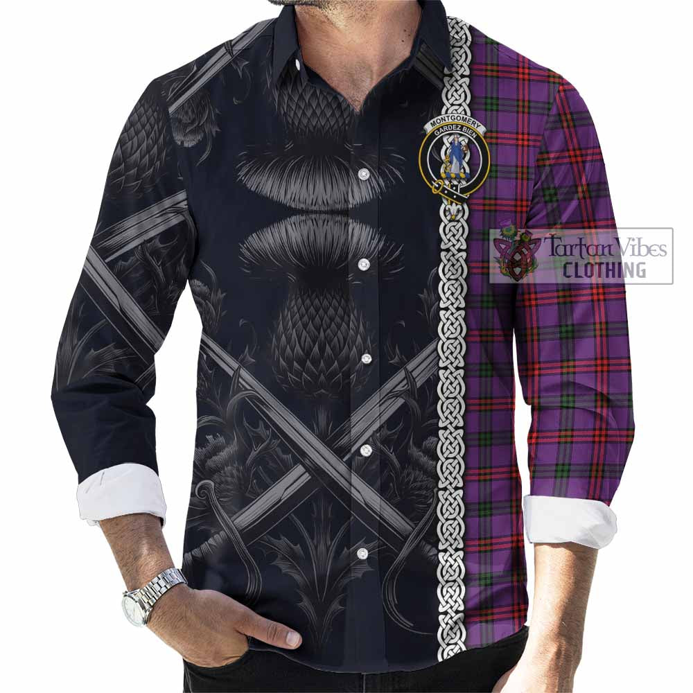 Tartan Vibes Clothing Montgomery Tartan Long Sleeve Button Shirt with Family Crest Cross Sword Thistle Celtic Vibes