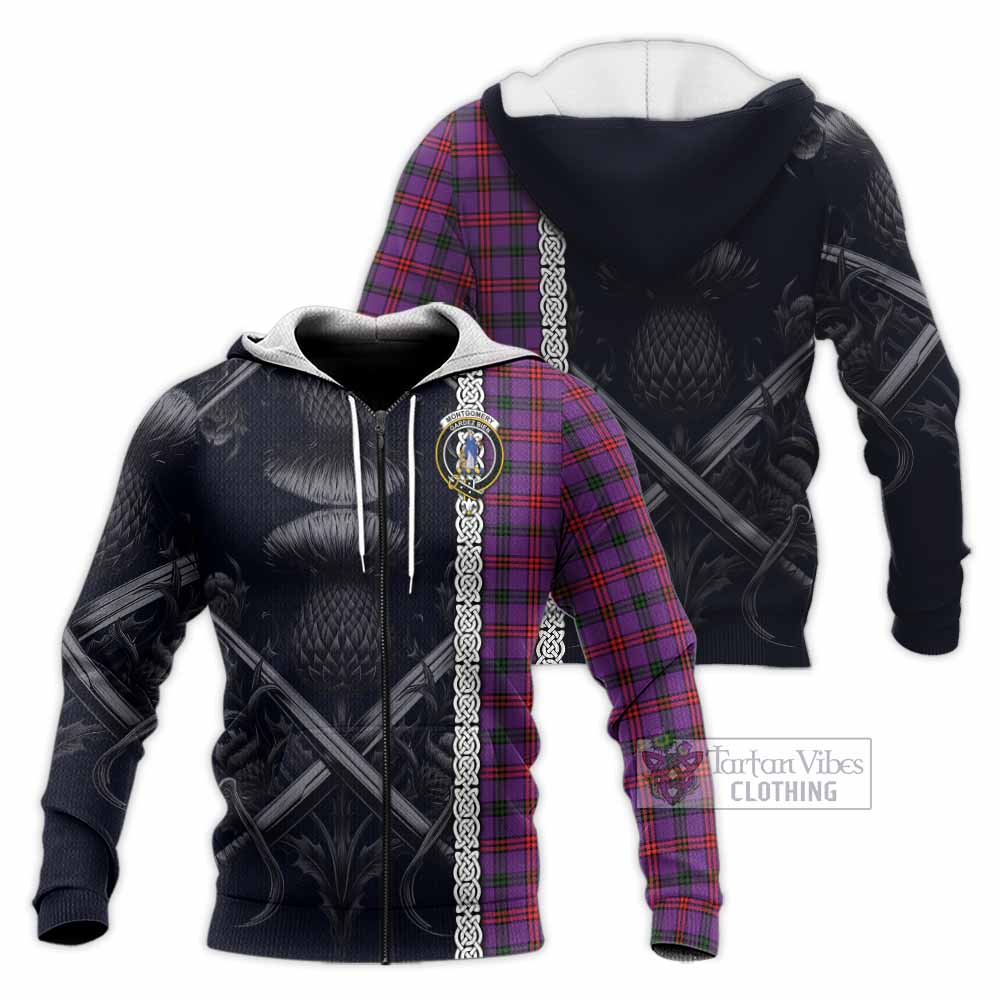 Tartan Vibes Clothing Montgomery Tartan Knitted Hoodie with Family Crest Cross Sword Thistle Celtic Vibes