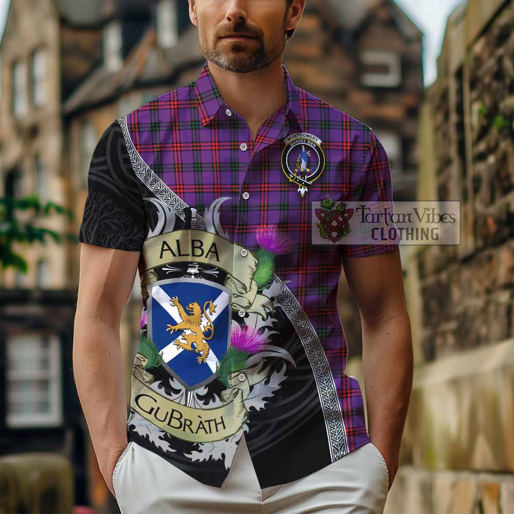 Tartan Vibes Clothing Montgomery Tartan Family Crest Short Sleeve Button Shirt Lion Rampant Royal Thistle Shield Celtic Inspired