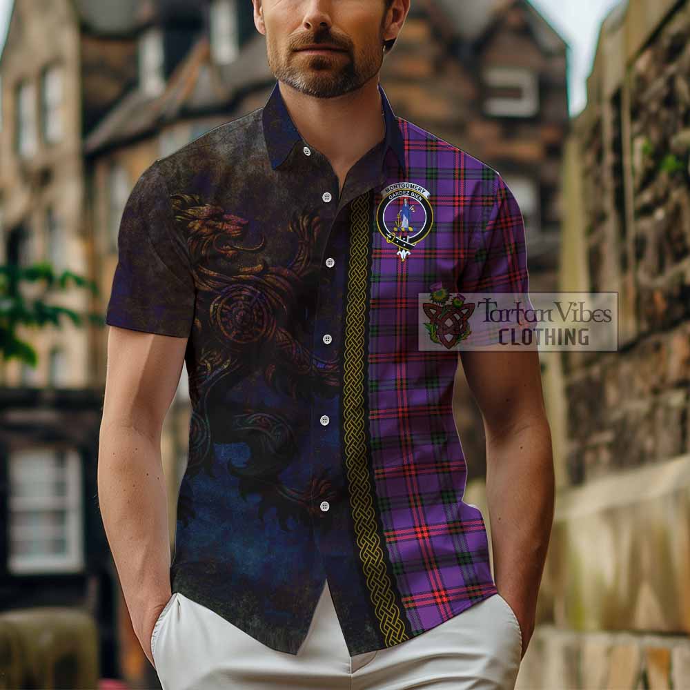 Tartan Vibes Clothing Montgomery Tartan Family Crest Short Sleeve Button Shirt Alba Gu Brath Be Brave Lion Ancient Style
