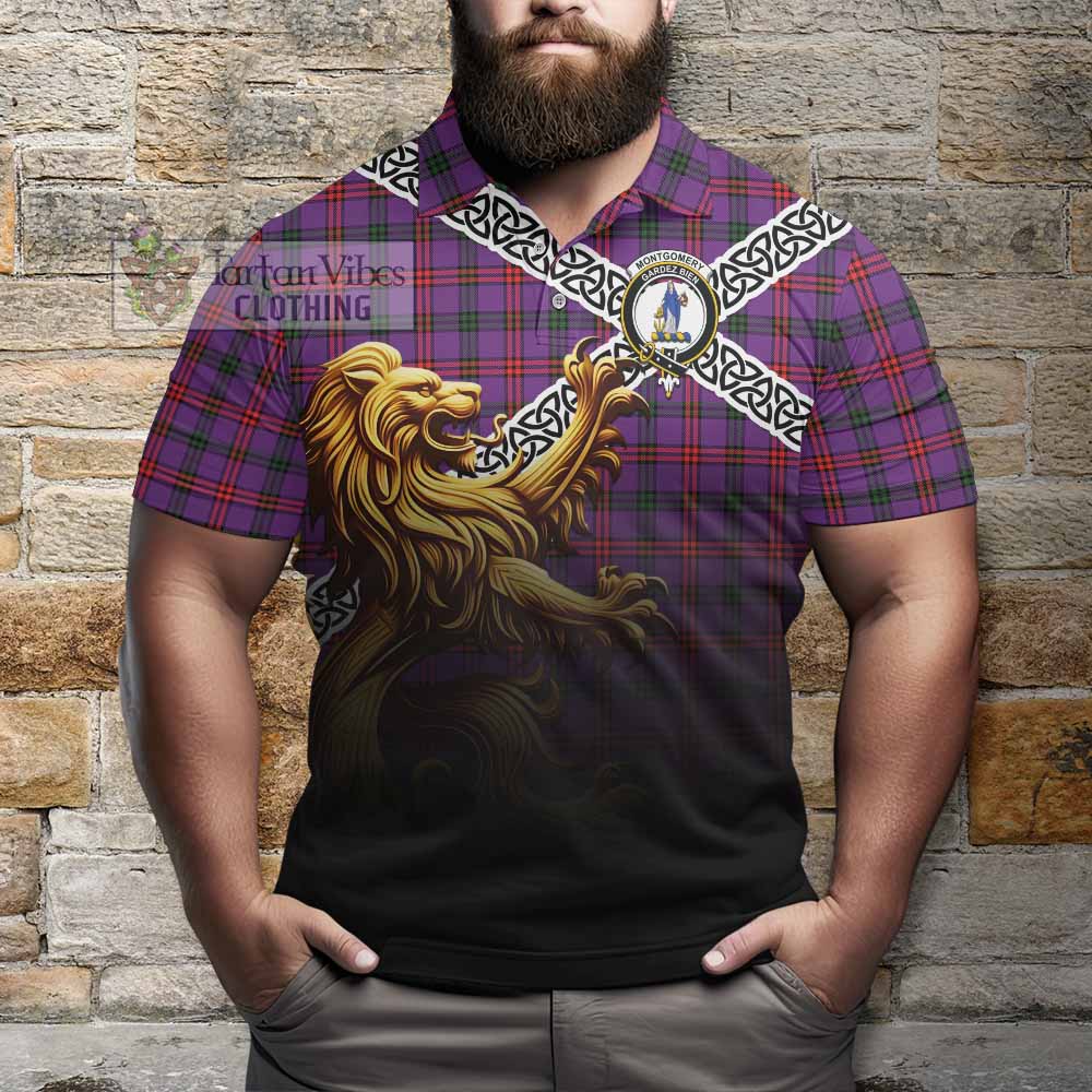 Tartan Vibes Clothing Montgomery Crest Tartan Polo Shirt with Golden Lion Emblem Celtic Style