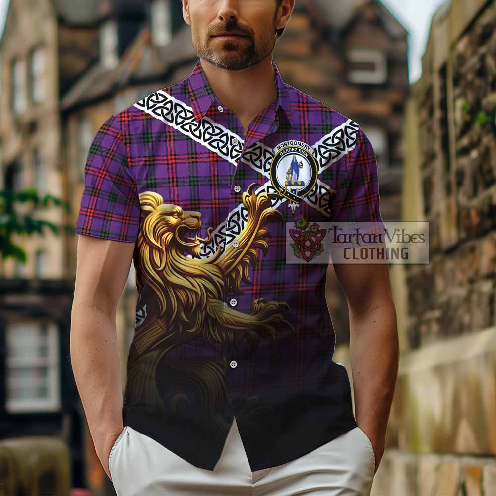Tartan Vibes Clothing Montgomery Crest Tartan Short Sleeve Button Shirt with Golden Lion Emblem Celtic Style