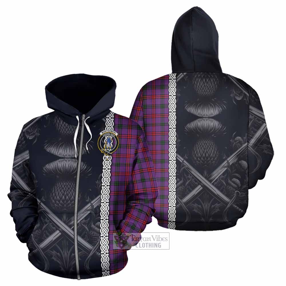 Tartan Vibes Clothing Montgomery Tartan Hoodie with Family Crest Cross Sword Thistle Celtic Vibes
