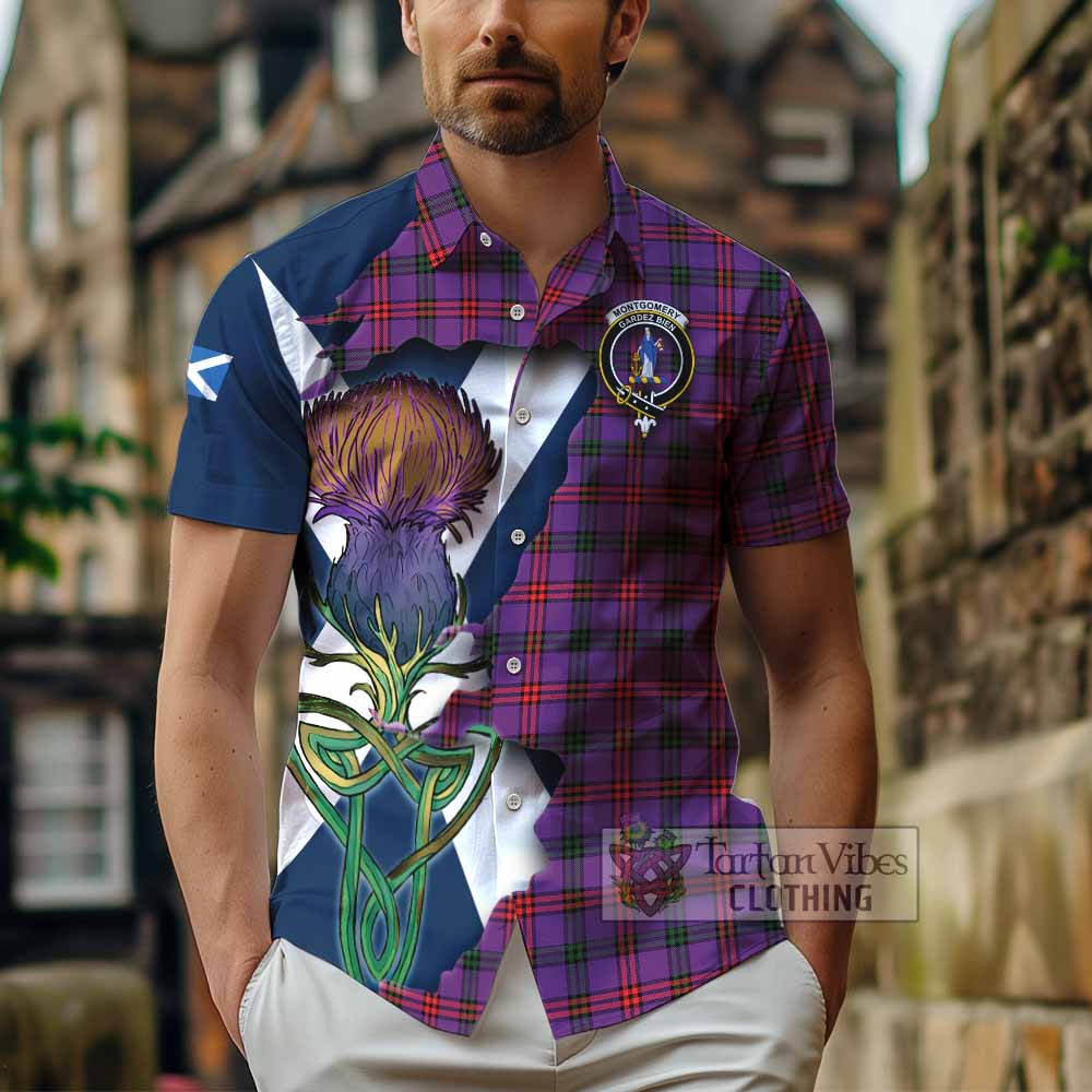 Tartan Vibes Clothing Montgomery Tartan Family Crest Short Sleeve Button Shirt Scottish Thistle Celtic Inspired