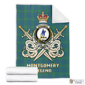 Montgomery Ancient Tartan Blanket with Clan Crest and the Golden Sword of Courageous Legacy