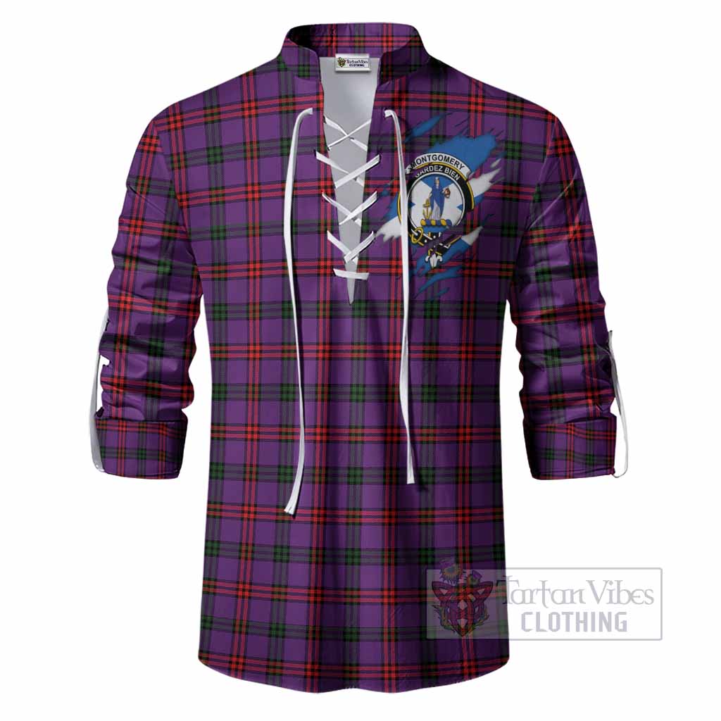 Montgomery Clan Crest In Me Tartan Ghillie Shirt Scotland Flag Style