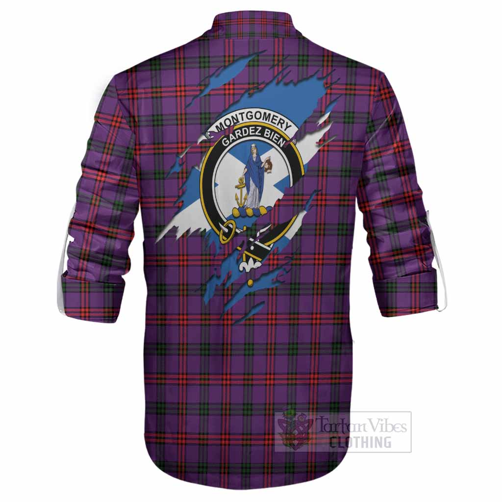 Montgomery Clan Crest In Me Tartan Ghillie Shirt Scotland Flag Style