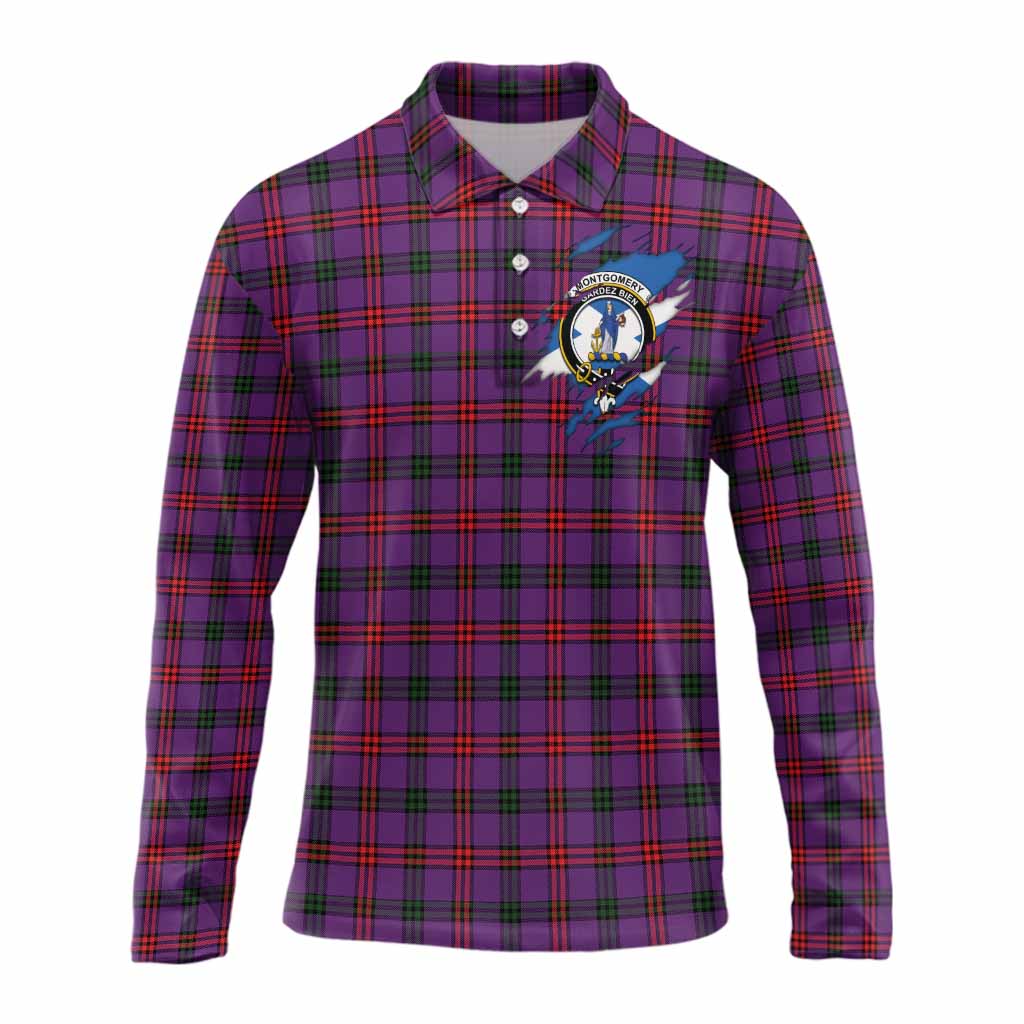 Montgomery Clan Crest In Me Tartan Long Sleeve Polo Shirt Scotland Flag Style