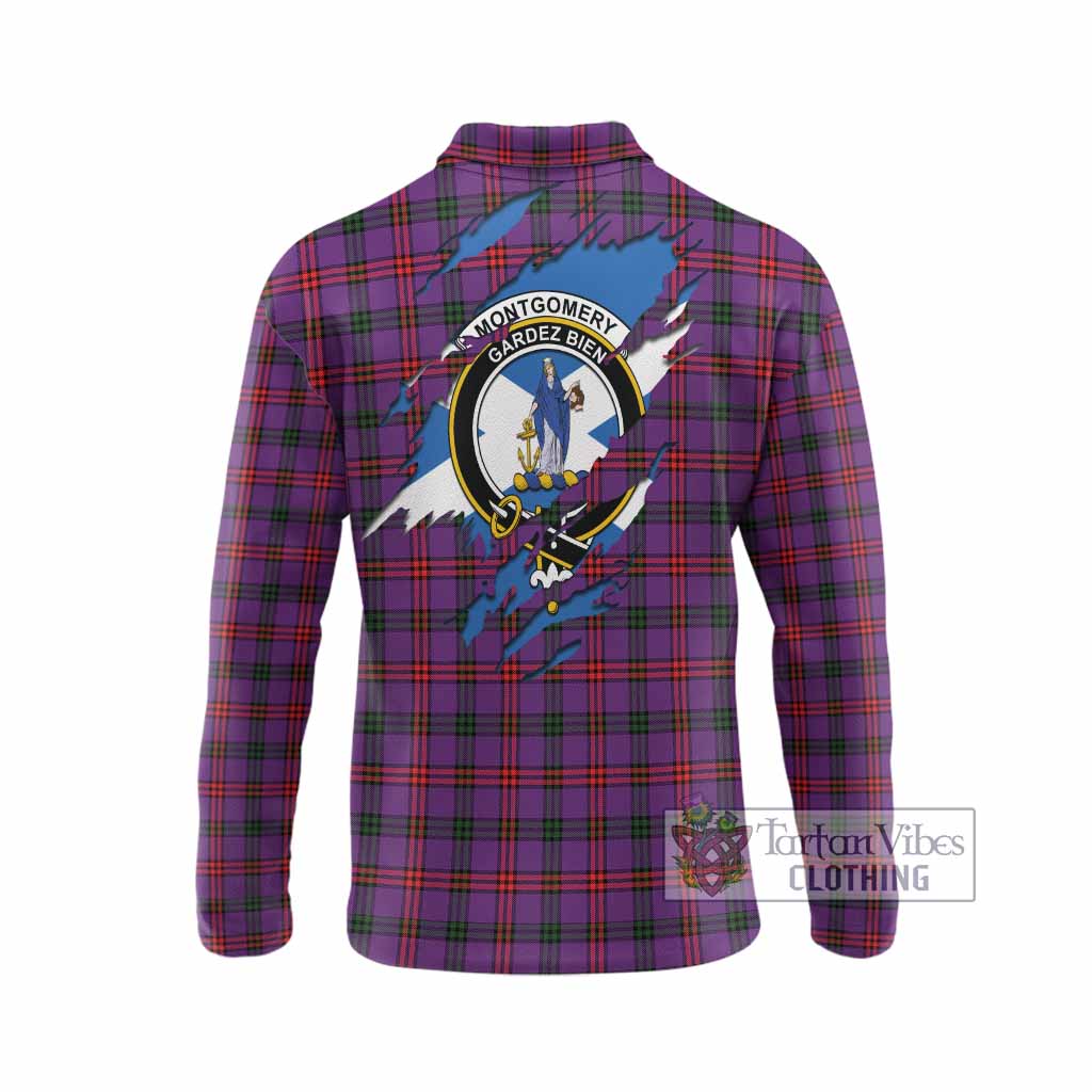 Montgomery Clan Crest In Me Tartan Long Sleeve Polo Shirt Scotland Flag Style
