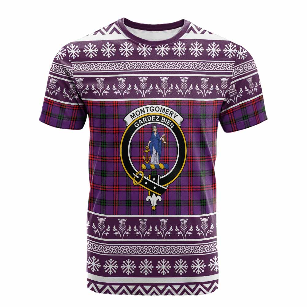 Montgomery Clan Tartan Christmas Cotton T-shirt with Family Crest - Tartan Vibes Clothing