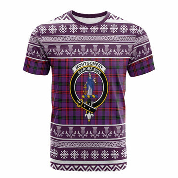 Montgomery Clan Tartan Christmas Cotton T-shirt with Family Crest
