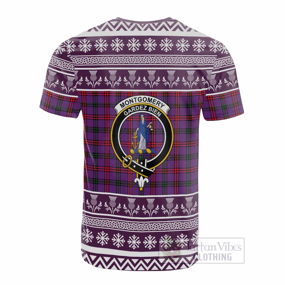 Montgomery Clan Tartan Christmas Cotton T-shirt with Family Crest - Tartan Vibes Clothing