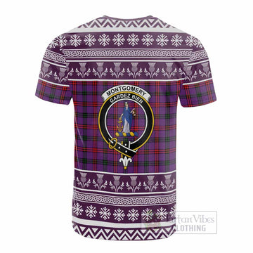 Montgomery Clan Tartan Christmas Cotton T-shirt with Family Crest