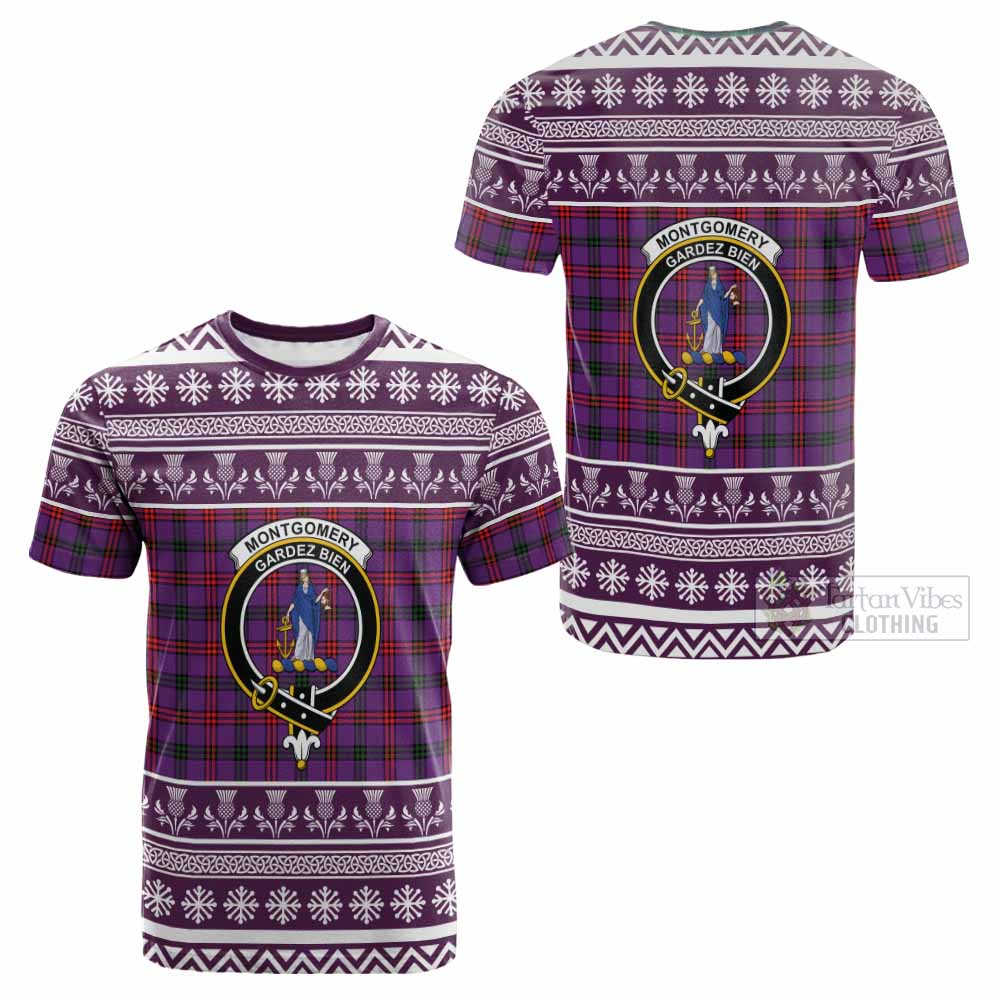 Montgomery Clan Tartan Christmas Cotton T-shirt with Family Crest - Tartan Vibes Clothing