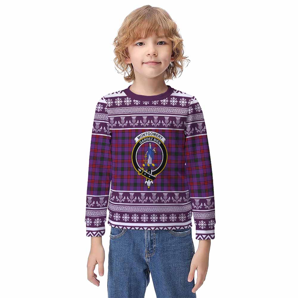 Montgomery Clan Tartan Christmas Kid Ugly Sweatshirt with Family Crest - Tartan Vibes Clothing