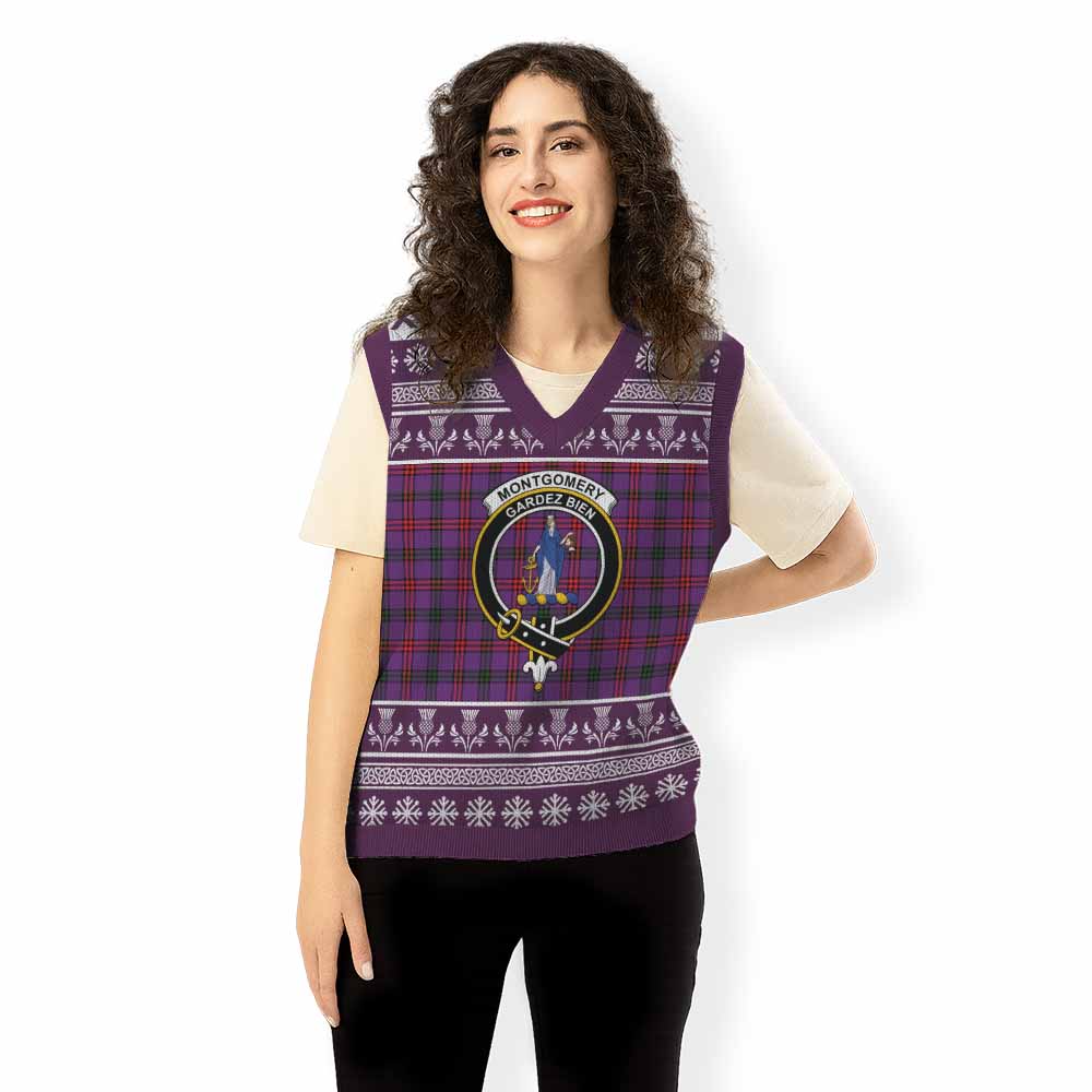 Montgomery Clan Tartan Christmas Knitted V-Neck Vest with Family Crest - Tartan Vibes Clothing