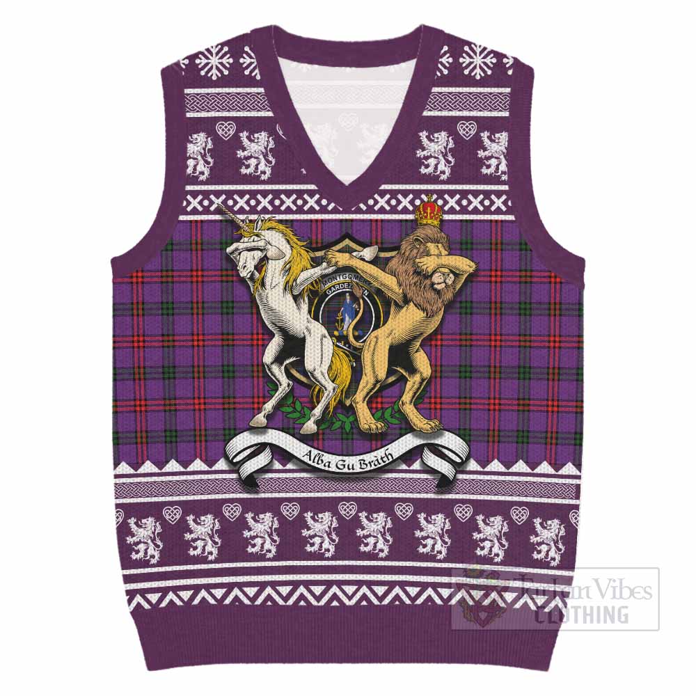 Montgomery Clan Tartan Crest Christmas Knitted V-Neck Vest Coat of Arms Funny Style - Tartan Vibes Clothing
