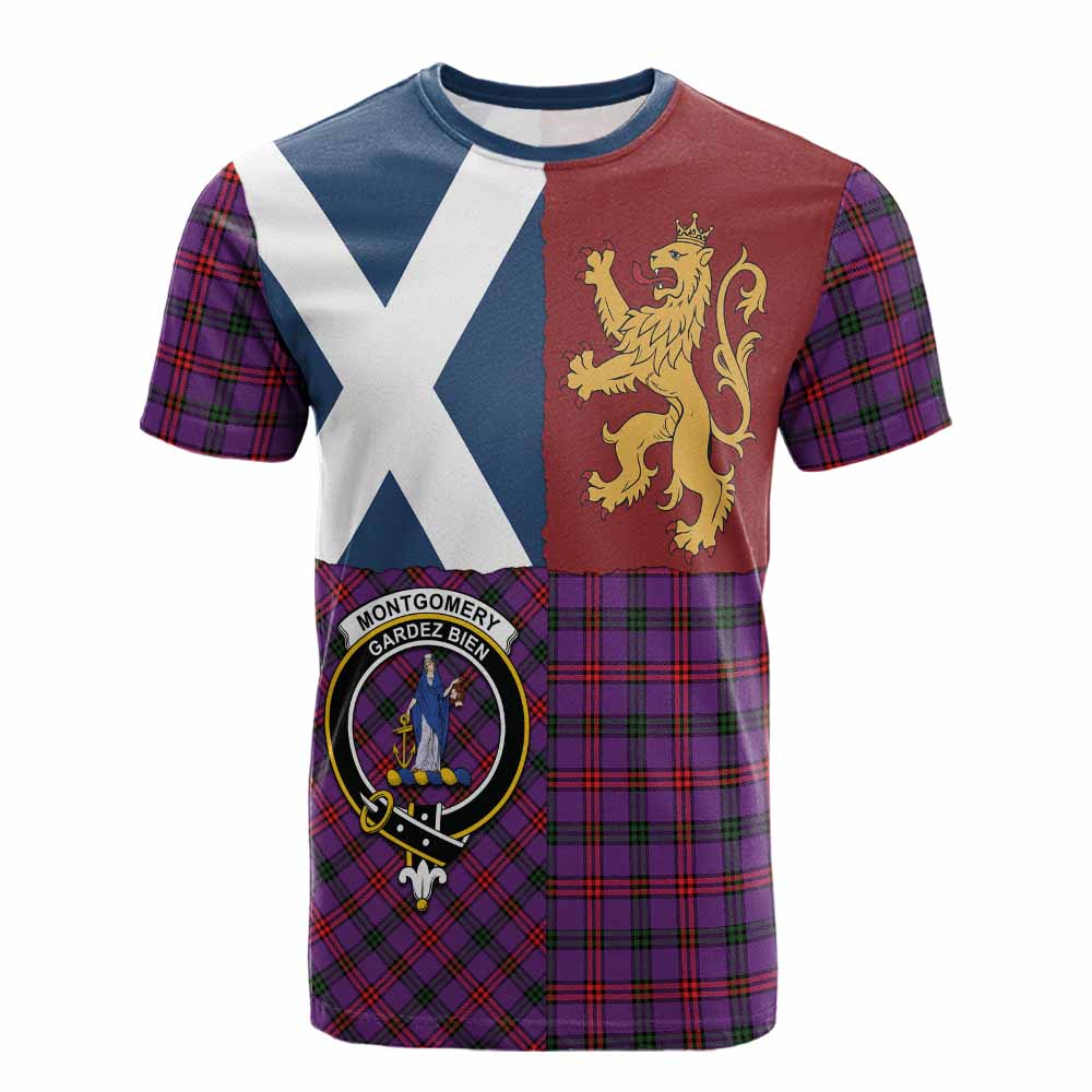 Montgomery Crest Tartan Cotton T-shirt with Lion Rampant Saltire Style - Tartan Vibes Clothing