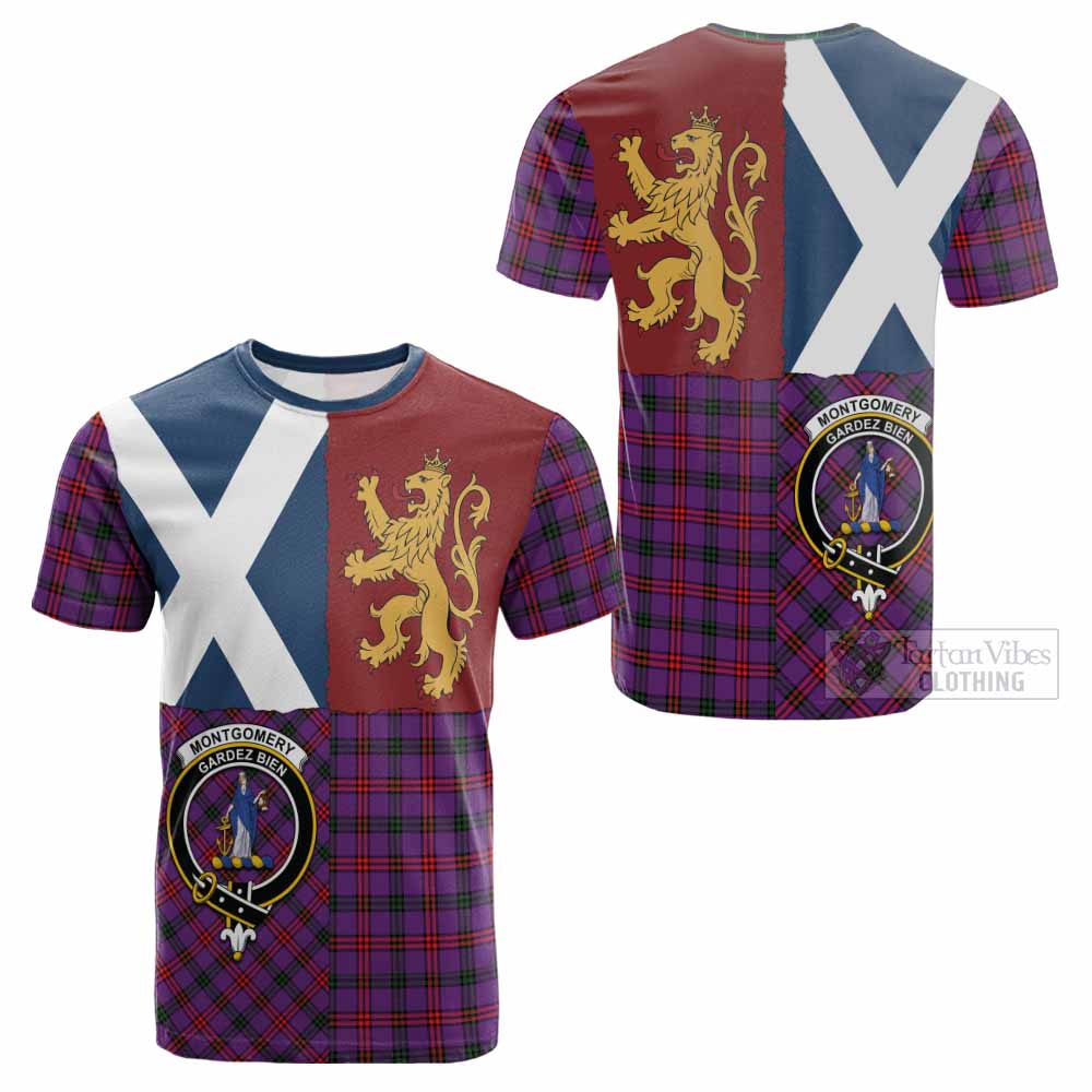 Montgomery Crest Tartan Cotton T-shirt with Lion Rampant Saltire Style - Tartan Vibes Clothing