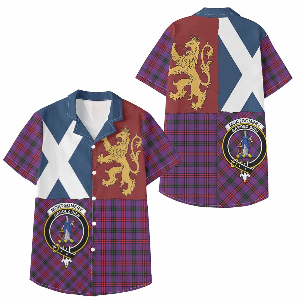 Montgomery Crest Tartan Kid Hawaiian Shirt with Lion Rampant Saltire Style - Tartan Vibes Clothing