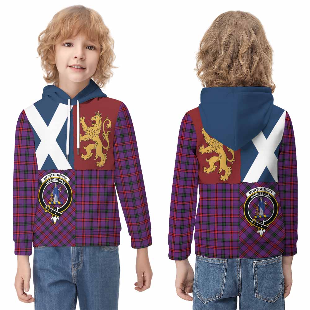 Montgomery Crest Tartan Kid Hoodie with Lion Rampant Saltire Style - Tartan Vibes Clothing