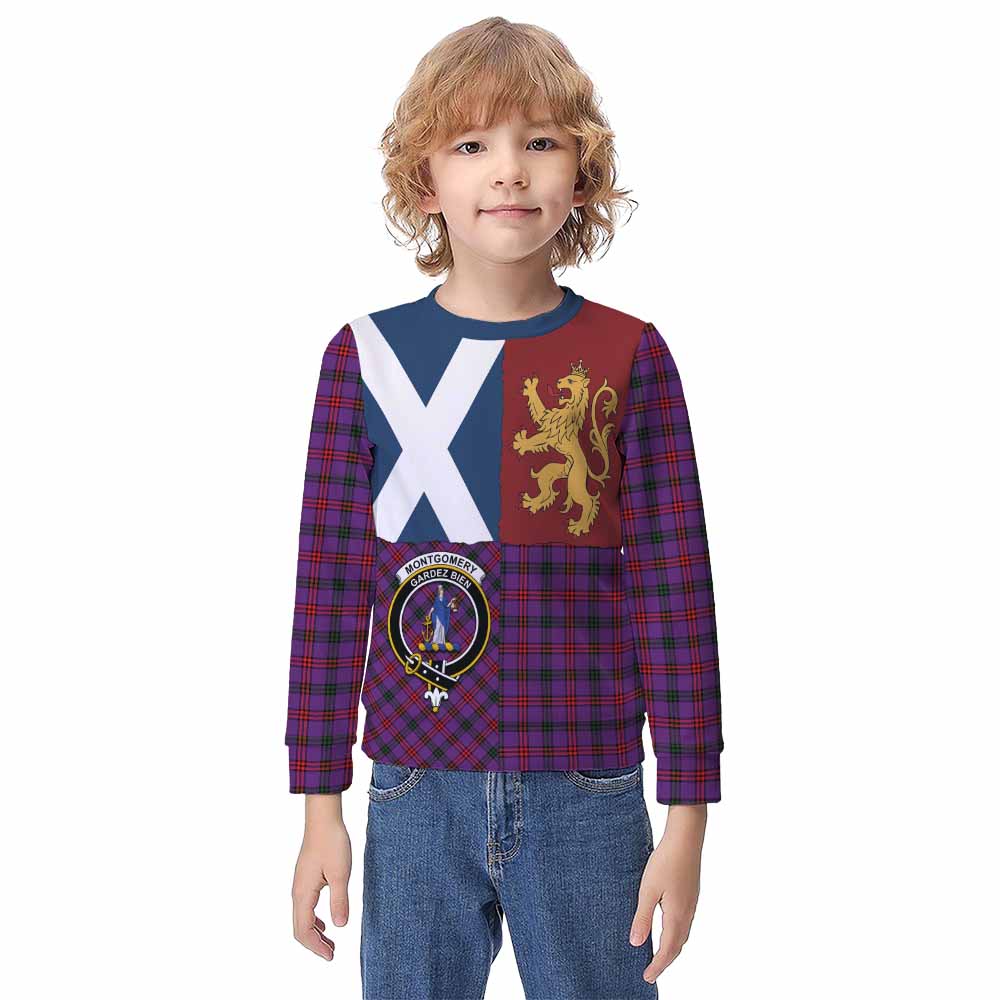 Montgomery Crest Tartan Kid Knitted Sweatshirt with Lion Rampant Saltire Style - Tartan Vibes Clothing