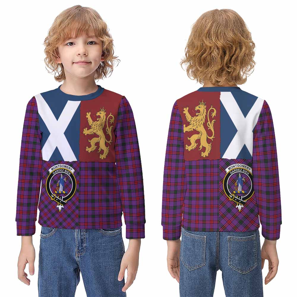 Montgomery Crest Tartan Kid Knitted Sweatshirt with Lion Rampant Saltire Style - Tartan Vibes Clothing
