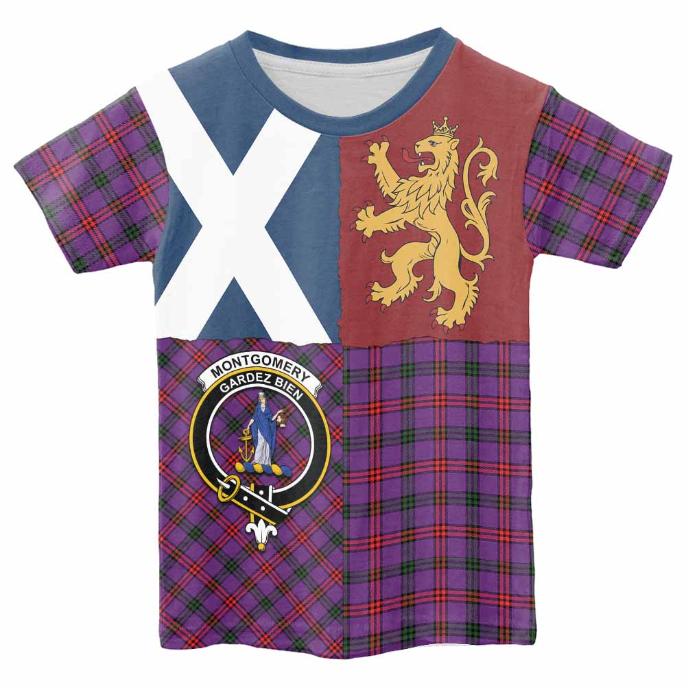 Montgomery Crest Tartan Kid T-shirt with Lion Rampant Saltire Style - Tartan Vibes Clothing