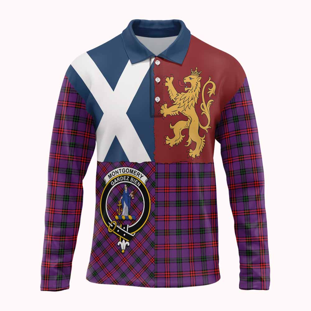 Montgomery Crest Tartan Long Sleeve Polo Shirt with Lion Rampant Saltire Style