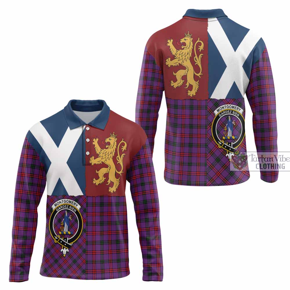 Montgomery Crest Tartan Long Sleeve Polo Shirt with Lion Rampant Saltire Style