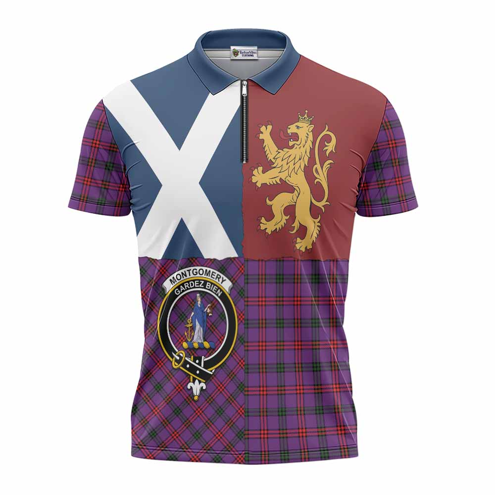 Montgomery Crest Tartan Zipper Polo Shirt with Lion Rampant Saltire Style