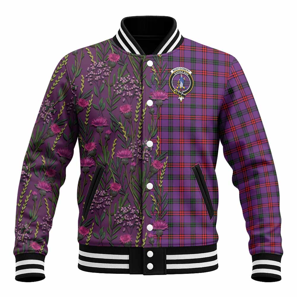 Montgomery Family Crest Tartan Baseball Jacket Scottish Thistle Flower Pattern Half Style - Tartan Vibes Clothing