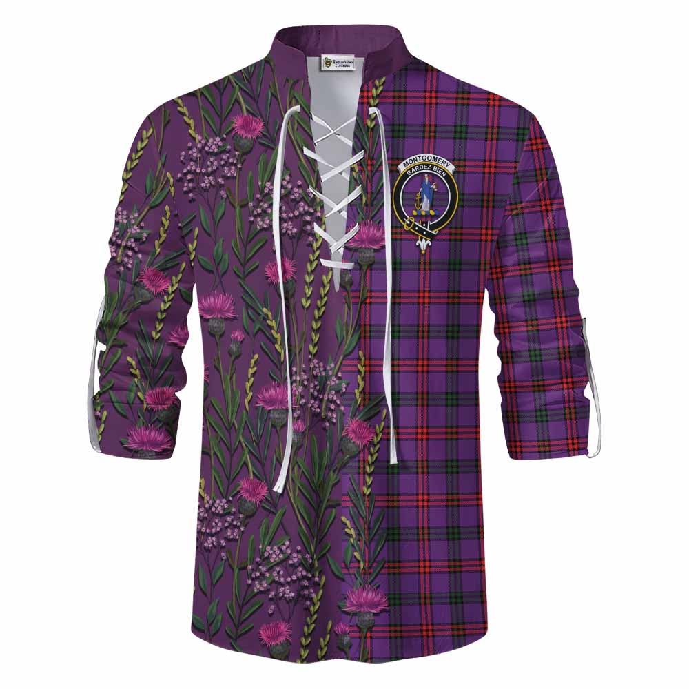 Montgomery Family Crest Tartan Ghillie Shirt Scottish Thistle Flower Pattern Half Style - Tartan Vibes Clothing