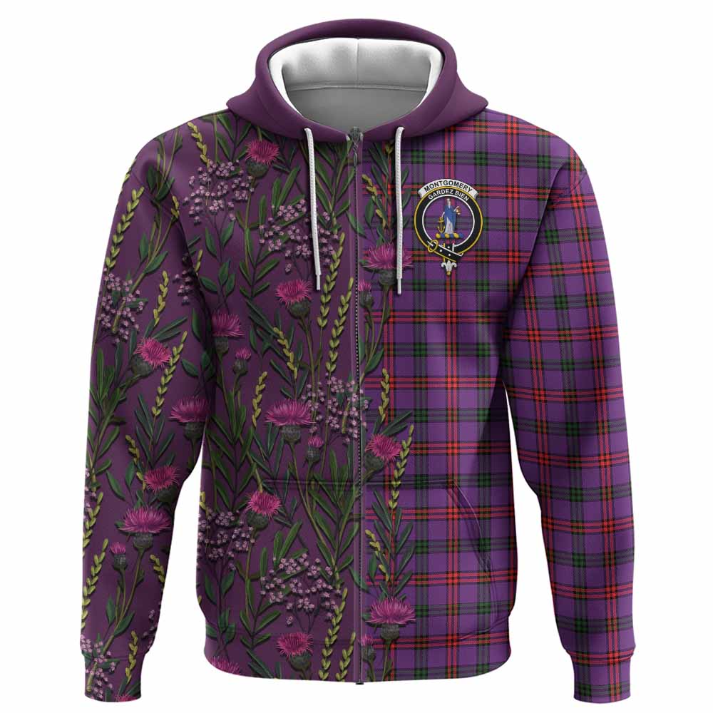 Montgomery Family Crest Tartan Hoodie Scottish Thistle Flower Pattern Half Style - Tartan Vibes Clothing