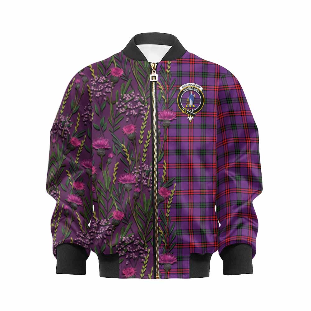 Montgomery Family Crest Tartan Kid Bomber Jacket Scottish Thistle Flower Pattern Half Style - Tartan Vibes Clothing