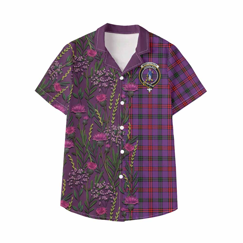 Montgomery Family Crest Tartan Kid Hawaiian Shirt Scottish Thistle Flower Pattern Half Style - Tartan Vibes Clothing