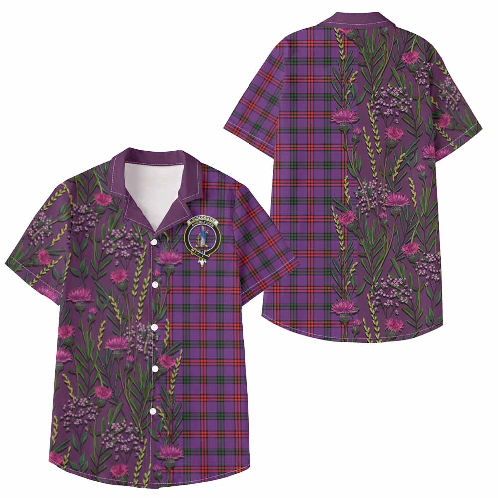 Montgomery Family Crest Tartan Kid Hawaiian Shirt Scottish Thistle Flower Pattern Half Style - Tartan Vibes Clothing